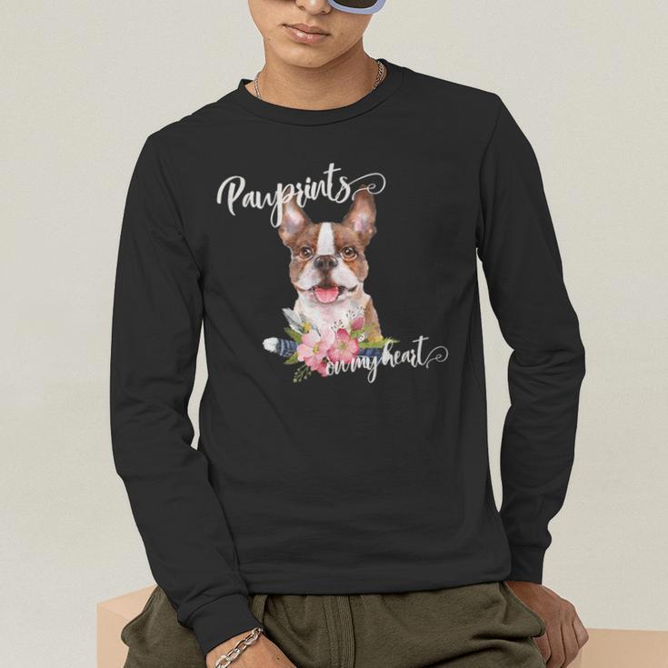 Brown Boston Terrier With Flowers And Feathers Men's Long Sleeve T-Shirt, funny gift