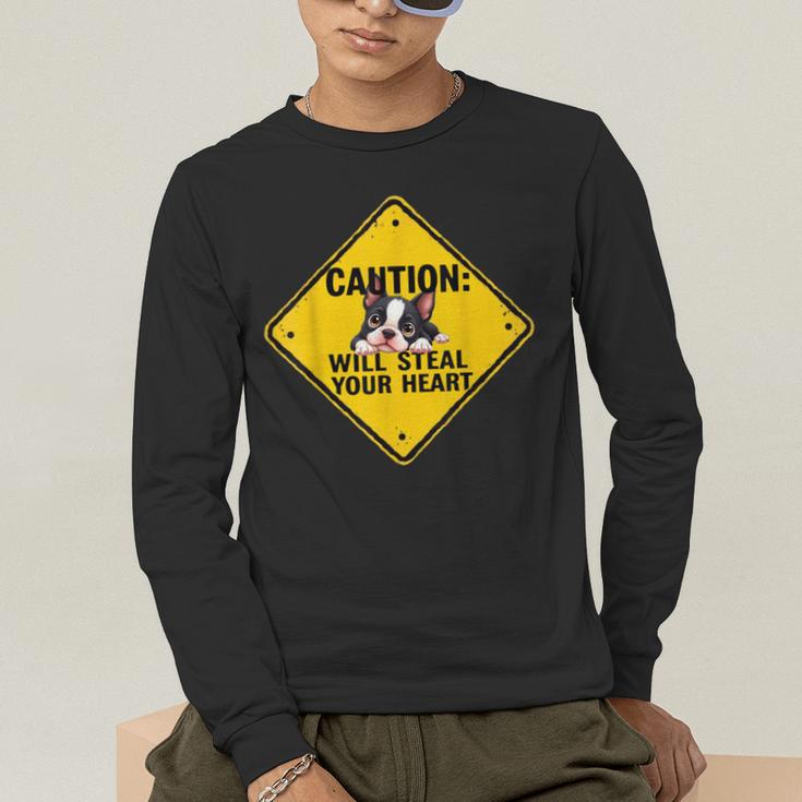 Caution Sign Boston Terrier Dog Bostie Puppy Men's Long Sleeve T-Shirt, funny gift