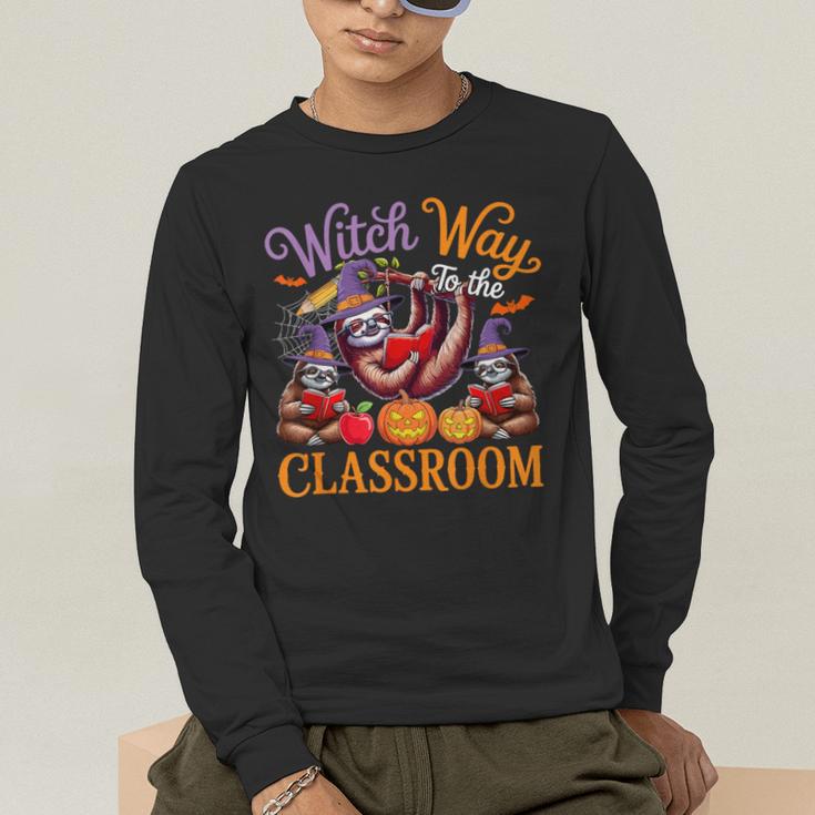 Way To Classroom Halloween Witch Three Cute Sloths Teacher Men's Long Sleeve T-Shirt, funny gift Way To Classroom Halloween Witch Three Cute Sloths Teacher Men's Long Sleeve T-Shirt, funny gift