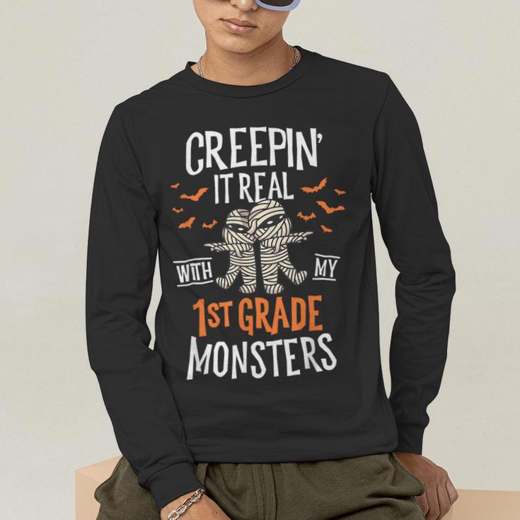 Creepin It Real With My 1st Grade Monsters Halloween Teacher Men's Long Sleeve T-Shirt, funny gift Creepin It Real With My 1st Grade Monsters Halloween Teacher Men's Long Sleeve T-Shirt, funny gift