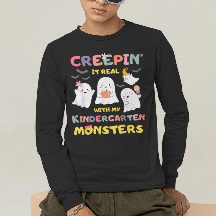 Creepin It Real With Kindergarten Monsters Halloween Teacher Men's Long Sleeve T-Shirt, funny gift Creepin It Real With Kindergarten Monsters Halloween Teacher Men's Long Sleeve T-Shirt, funny gift