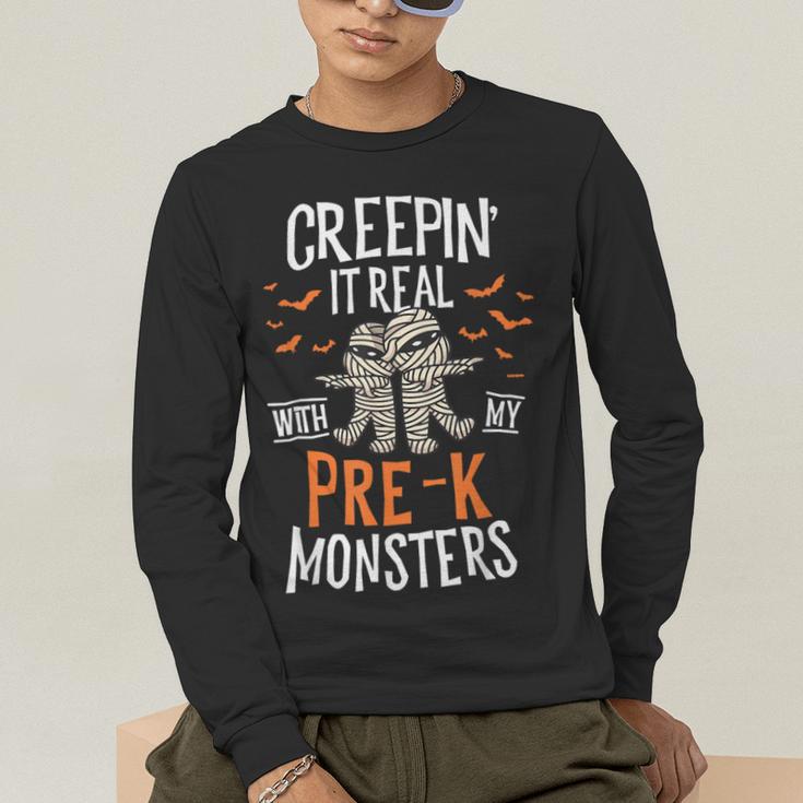 Creepin It Real Pre-K Monsters Halloween Preschool Teacher Men's Long Sleeve T-Shirt, funny gift