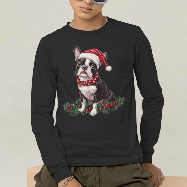 Cute Boston Terrier Dog Christmas Merry X-Mas Graphic Men's Long Sleeve T-Shirt, funny gift