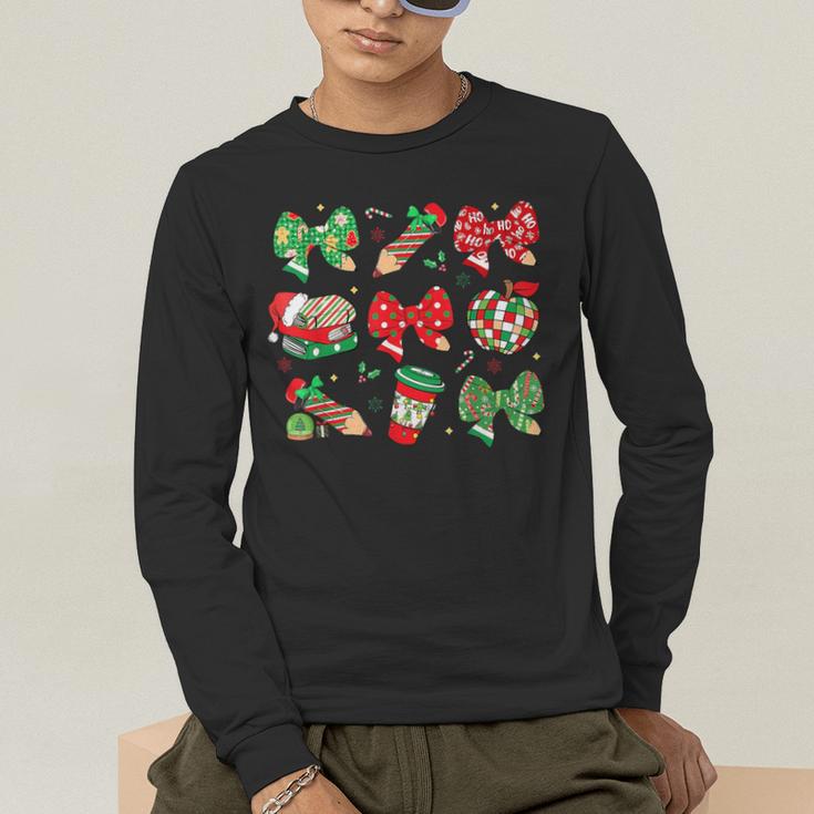 Cute Coquette Pencil Bow Christmas School Teacher Student Men's Long Sleeve T-Shirt, funny gift