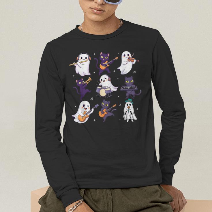 Cute Ghost Cat Playing Musical Halloween Music Teacher Men's Long Sleeve T-Shirt, funny gift