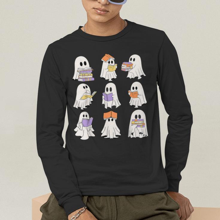 Cute Ghost Reading Books Teacher Halloween Reading Men Women Kids Men's Long Sleeve T-Shirt, funny gift