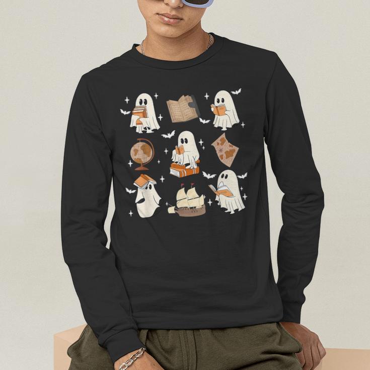 Cute Ghosts Reading Book Bookworm Halloween History Teacher Men's Long Sleeve T-Shirt, funny gift Cute Ghosts Reading Book Bookworm Halloween History Teacher Men's Long Sleeve T-Shirt, funny gift