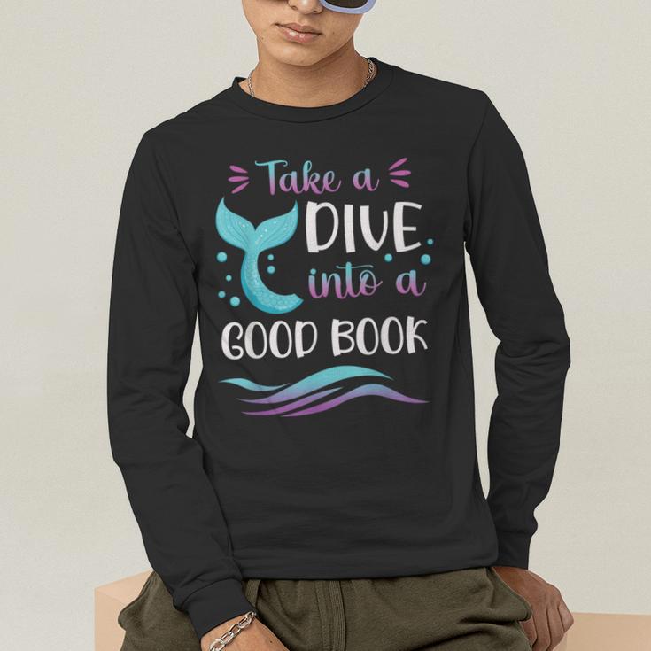 Cute Mermaid Librarian Teacher Dive Into A Good Book Reading Men's Long Sleeve T-Shirt, funny gift Cute Mermaid Librarian Teacher Dive Into A Good Book Reading Men's Long Sleeve T-Shirt, funny gift