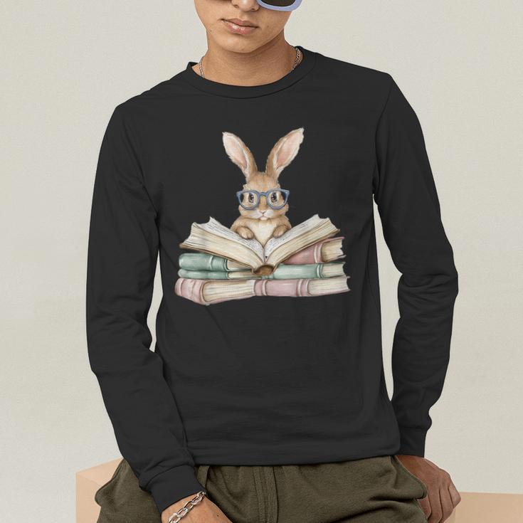 Cute Reading Bunny Glasses Books Bookworm Reader Teacher Men's Long Sleeve T-Shirt, funny gift
