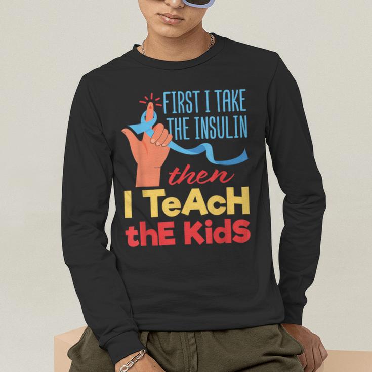 Diabetic Teacher Diabetes Awareness Insulin Blue Ribbon Men's Long Sleeve T-Shirt, funny gift