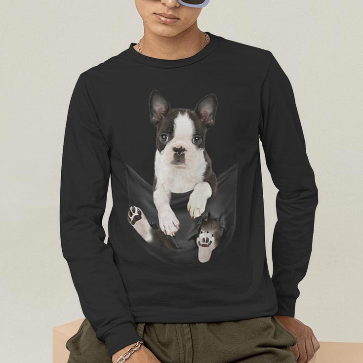Dog Lovers Boston Terrier In Pocket Dog Face For Men Women Kids Men's Long Sleeve T-Shirt, funny gift