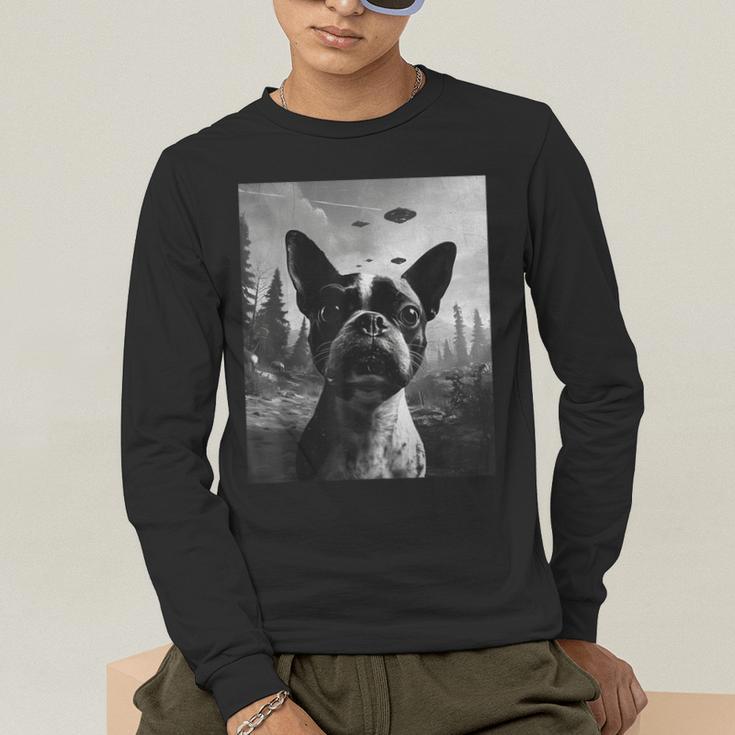Dog Mom Dad Alien Selfie Boston Terrier UFO For Men Women Men's Long Sleeve T-Shirt, funny gift