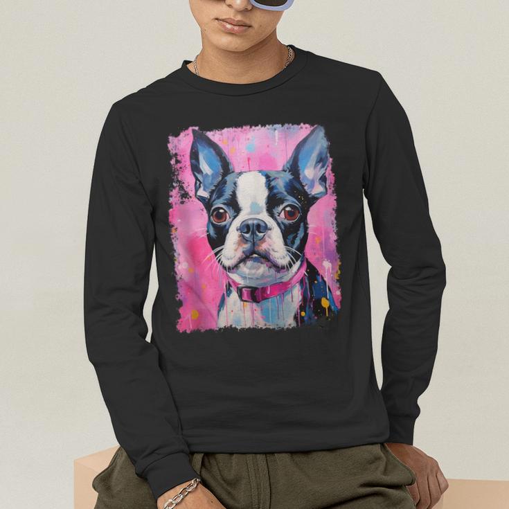 Dog Pink Boston Terrier Men's Long Sleeve T-Shirt, funny gift