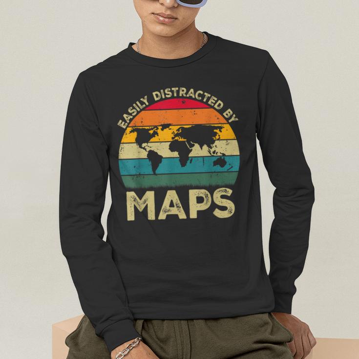 Easily Distracted By Maps Geography Teacher Men's Long Sleeve T-Shirt, funny gift