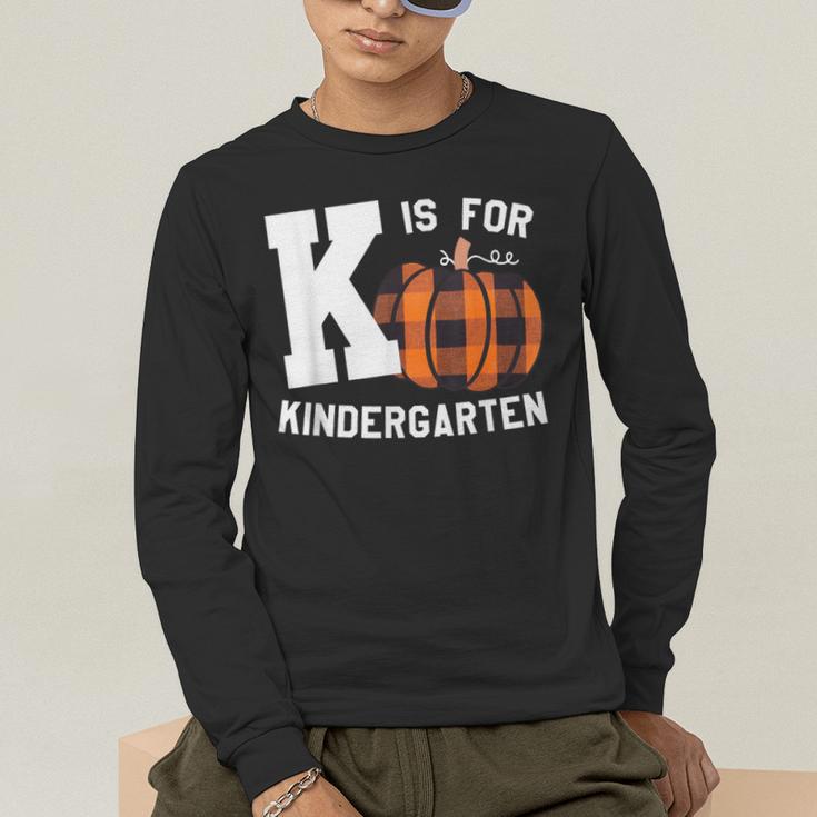 Fall Kindergarten Teacher K Is For Buffalo Plaid Pumpkin Men's Long Sleeve T-Shirt, funny gift Fall Kindergarten Teacher K Is For Buffalo Plaid Pumpkin Men's Long Sleeve T-Shirt, funny gift