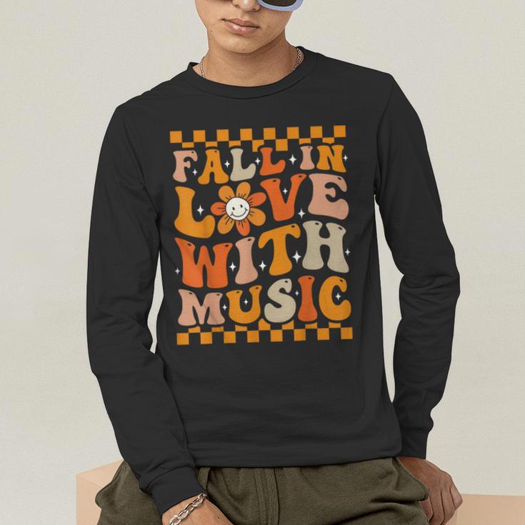 Fall In Love With Music Groovy Thanksgiving Music Teacher Men Women Girls Kids Men's Long Sleeve T-Shirt, funny gift