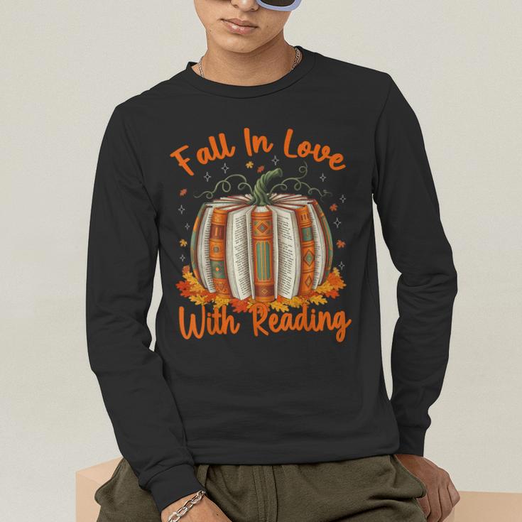 Fall In Love With Reading Pumpkin Autumn Librarians Teacher Men's Long Sleeve T-Shirt, funny gift