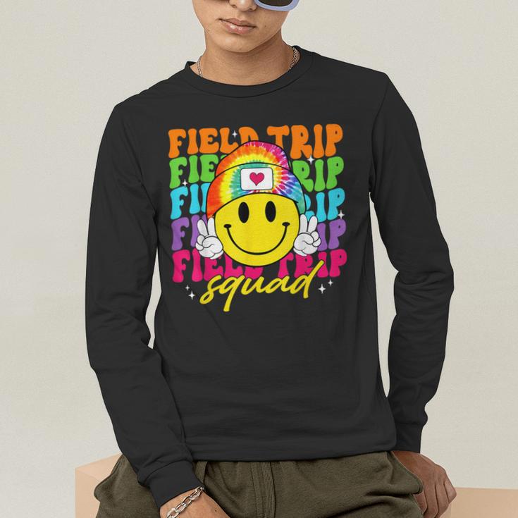 Field Trip Squad Groovy Field Day Smile Face Teacher Tie Dye Men's Long Sleeve T-Shirt, funny gift