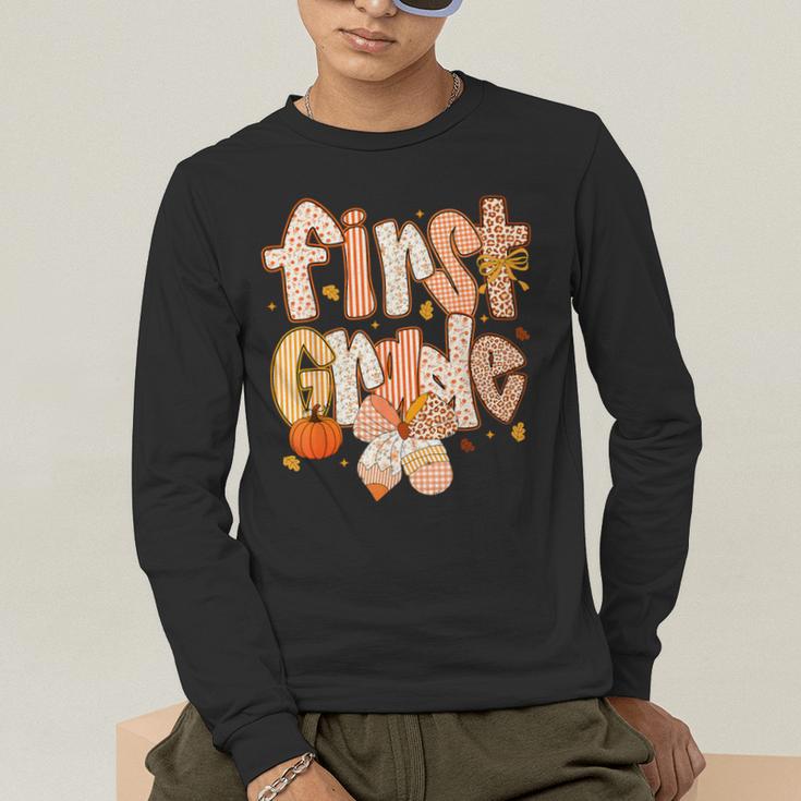 First Grade Fall Floral Coquette Bow Teachers Students Men's Long Sleeve T-Shirt, funny gift