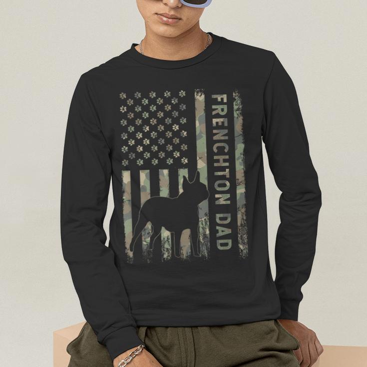 Frenchton Dad French Bulldog Boston Terrier Camo USA Flag Men's Long Sleeve T-Shirt, funny gift