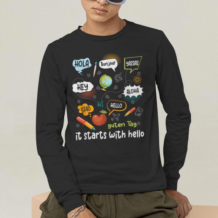 Friendship Inclusion Language Teacher It Starts With Hello Men's Long Sleeve T-Shirt, funny gift Friendship Inclusion Language Teacher It Starts With Hello Men's Long Sleeve T-Shirt, funny gift