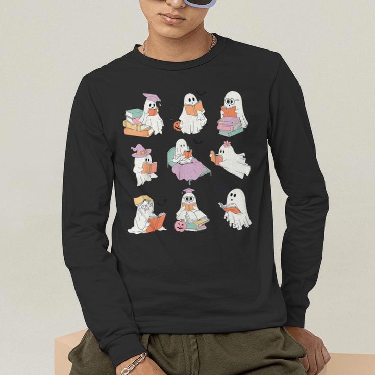 Ghost Book Reading Halloween Books Lover Teacher Kids Men's Long Sleeve T-Shirt, funny gift
