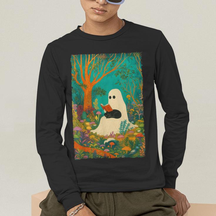Groovy Ghost Reading Book Cat Halloween Ghost Teacher Men's Long Sleeve T-Shirt, funny gift