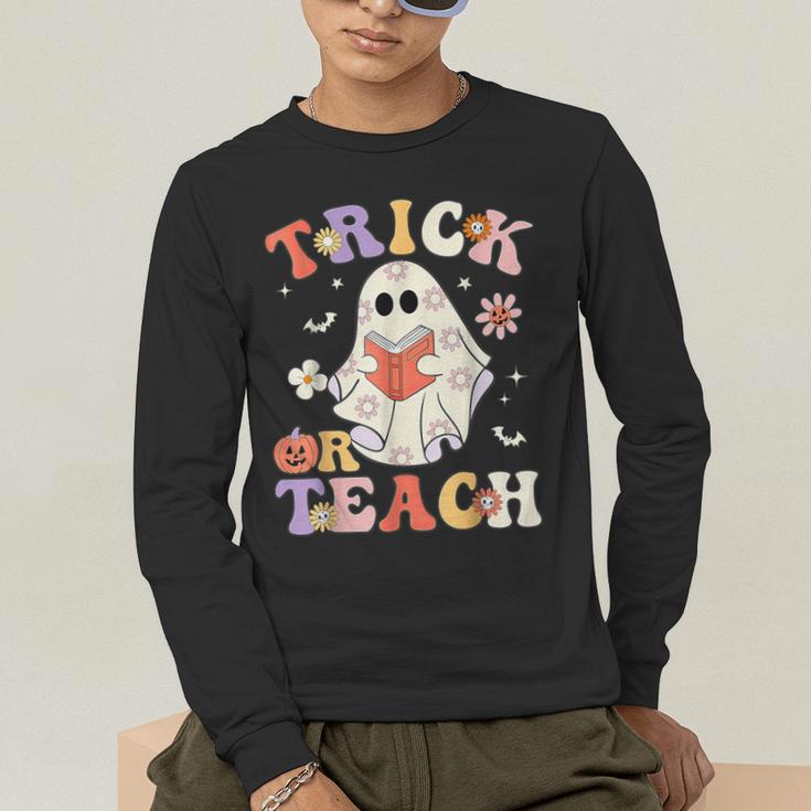 Groovy Halloween Trick Or Teach Retro Floral Ghost Teacher Men's Long Sleeve T-Shirt, funny gift Groovy Halloween Trick Or Teach Retro Floral Ghost Teacher Men's Long Sleeve T-Shirt, funny gift