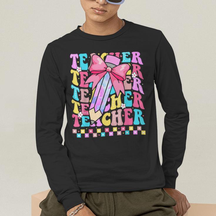 Groovy Teacher Cute Coquette Bow Flower Retro Back To School Men's Long Sleeve T-Shirt, funny gift Groovy Teacher Cute Coquette Bow Flower Retro Back To School Men's Long Sleeve T-Shirt, funny gift