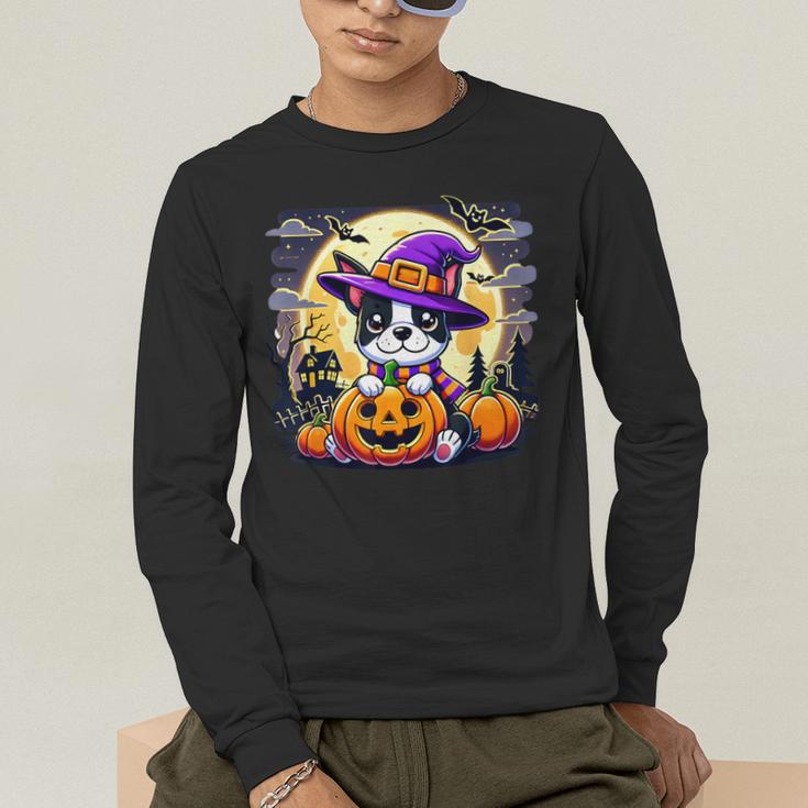 Halloween Boston Terrier Dog Breed With Jack O' Lantern Art Men's Long Sleeve T-Shirt, funny gift