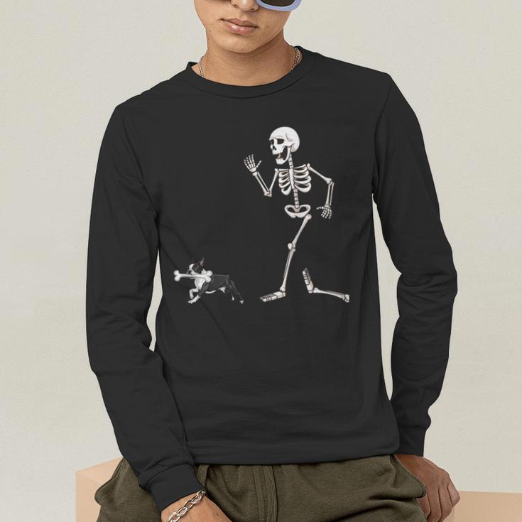Halloween Boston Terrier And Skeleton Men's Long Sleeve T-Shirt, funny gift