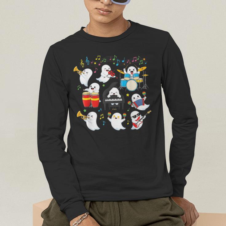 Halloween Music Teacher Ghost Playing Musical Instruments Men's Long Sleeve T-Shirt, funny gift