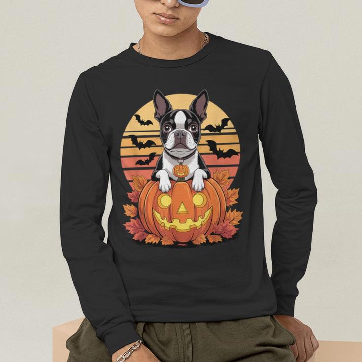 Halloween Retro Boston Terrier Men's Long Sleeve T-Shirt, funny gift