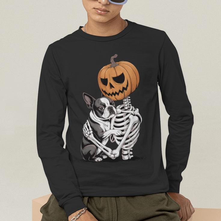 Halloween Skeleton Boston Terrier Men's Long Sleeve T-Shirt, funny gift