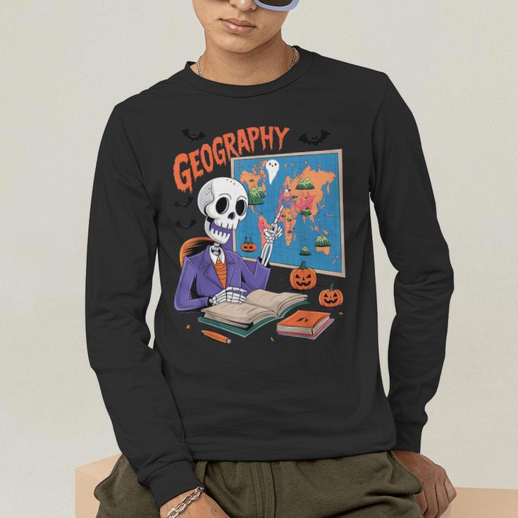 Halloween Skeleton Geography Teacher Pumpkin Bats Classroom Men's Long Sleeve T-Shirt, funny gift Halloween Skeleton Geography Teacher Pumpkin Bats Classroom Men's Long Sleeve T-Shirt, funny gift