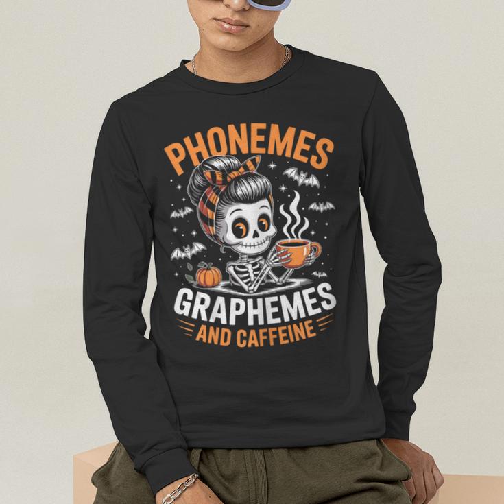 Halloween Skeleton Teacher Phonemes Graphemes Caffeine Lover Men's Long Sleeve T-Shirt, funny gift Halloween Skeleton Teacher Phonemes Graphemes Caffeine Lover Men's Long Sleeve T-Shirt, funny gift