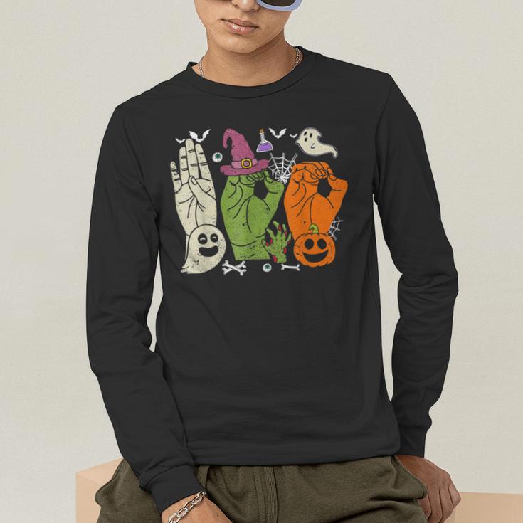 Halloween SPED Teacher Boo In ASL Boo Hands Sign Language Men's Long Sleeve T-Shirt, funny gift