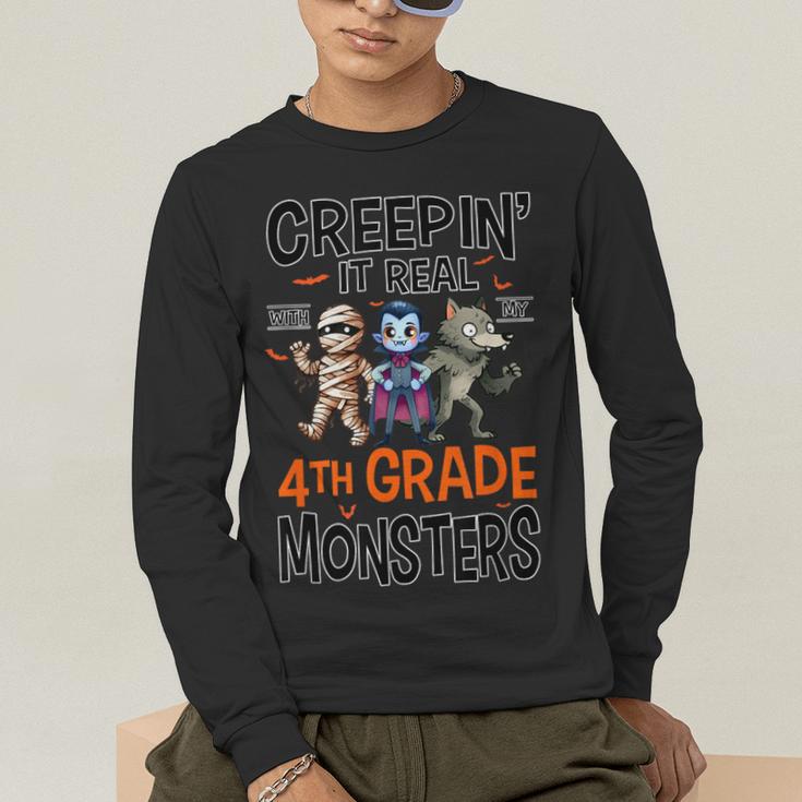 Halloween Teacher Creepin It Real With My 4th Grade Monsters Men's Long Sleeve T-Shirt, funny gift Halloween Teacher Creepin It Real With My 4th Grade Monsters Men's Long Sleeve T-Shirt, funny gift