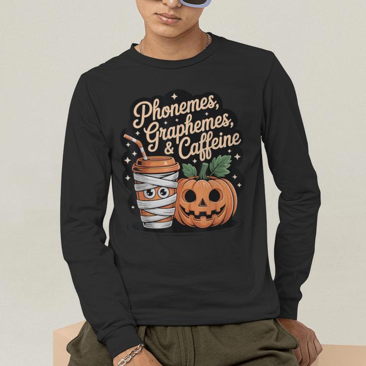 Halloween Teacher Phonemes Graphemes Caffeine Coffee Lover Men's Long Sleeve T-Shirt, funny gift