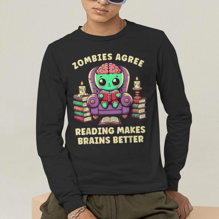Halloween Teacher Zombie Reading Is Good For Brains Men's Long Sleeve T-Shirt, funny gift Halloween Teacher Zombie Reading Is Good For Brains Men's Long Sleeve T-Shirt, funny gift