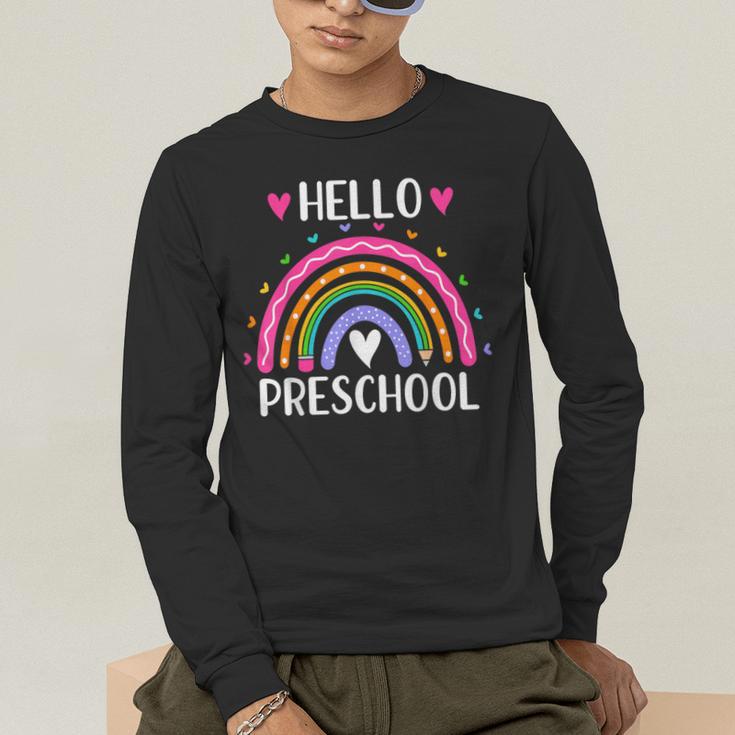 Hello Preschool Teacher Student Girls Rainbow Back To School Men's Long Sleeve T-Shirt, funny gift Hello Preschool Teacher Student Girls Rainbow Back To School Men's Long Sleeve T-Shirt, funny gift