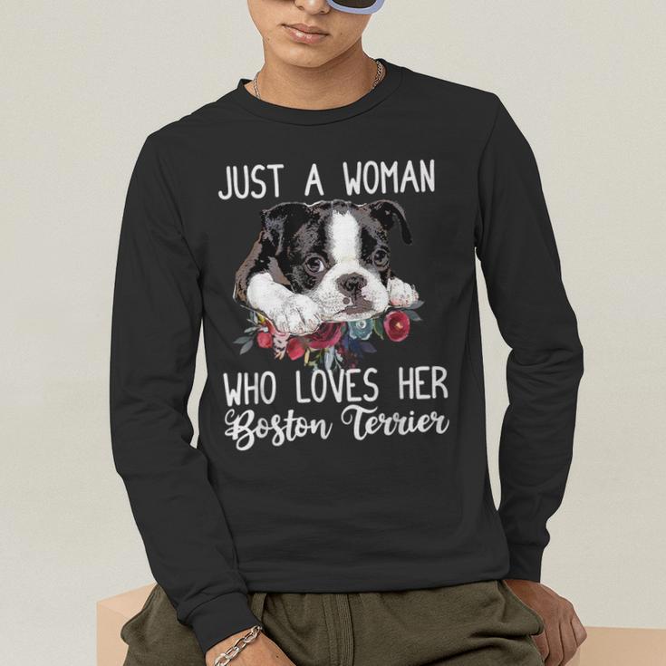 Just a Woman Who Loves Her Boston Terrier Cute Dog Mom Men's Long Sleeve T-Shirt, funny gift