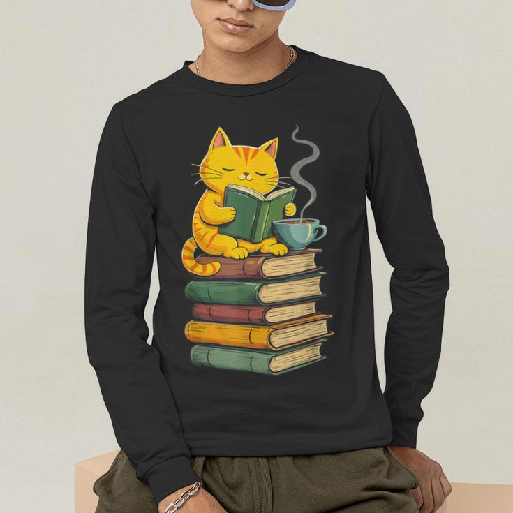 Kawaii Cats Lover Coffee Books Teacher Librarian Cat Men's Long Sleeve T-Shirt, funny gift Kawaii Cats Lover Coffee Books Teacher Librarian Cat Men's Long Sleeve T-Shirt, funny gift
