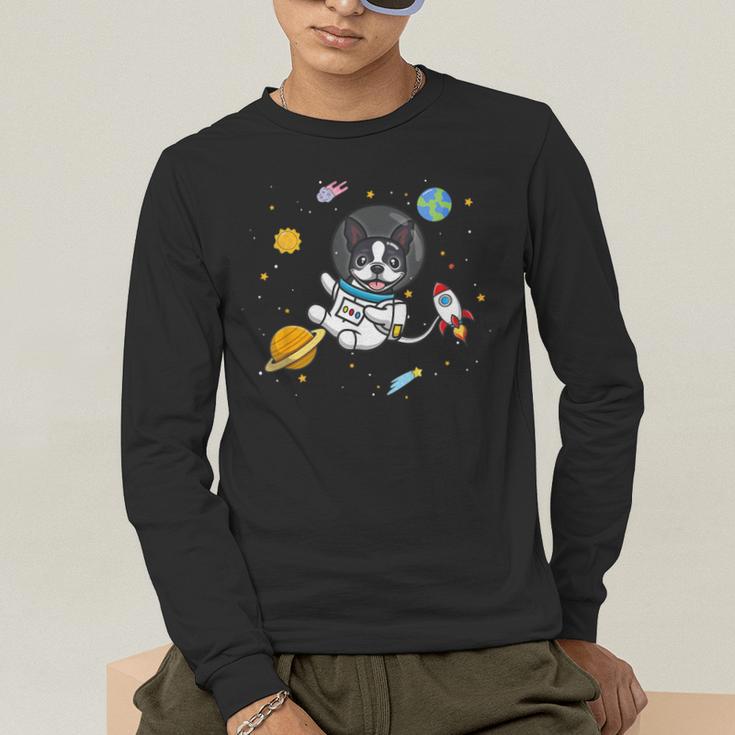 Kawaii Kids & Boys Astronaut Space Boston Terrier Dog Lover Men's Long Sleeve T-Shirt, funny gift