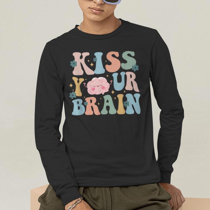 Kiss Your Brain Teacher Inspire Educate Groovy Retro Vintage Men's Long Sleeve T-Shirt, funny gift
