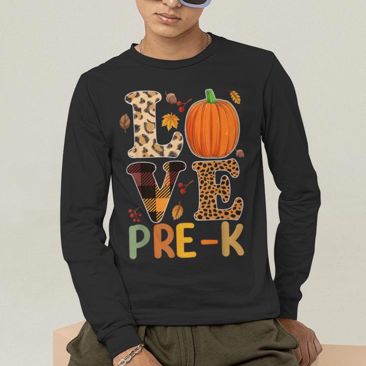 Love Pre-k Teacher Shirts Autumn Fall Pumpkin Fall Leopard Men's Long Sleeve T-Shirt, funny gift