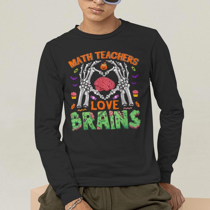 Math Teacher Love Brain Heart Skeleton Hand Zombie Halloween Men's Long Sleeve T-Shirt, funny gift