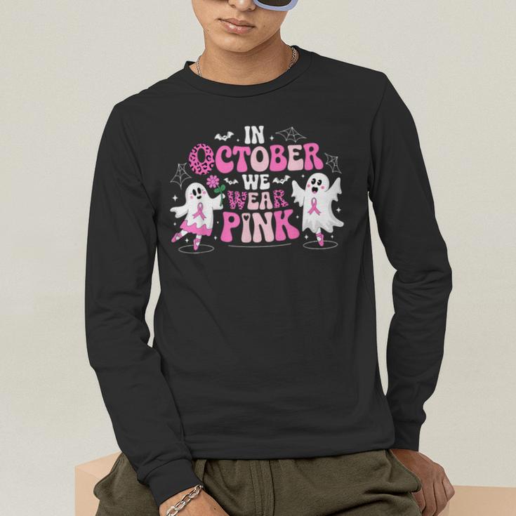 In October We Wear Pink Ballet Ghost Teacher Breast Cancer Men's Long Sleeve T-Shirt, funny gift