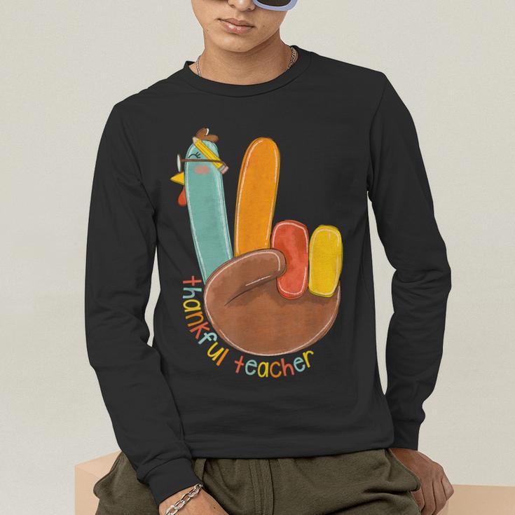One Thankful Teacher Thanksgiving Turkey Peace Hand Sign Men's Long Sleeve T-Shirt, funny gift One Thankful Teacher Thanksgiving Turkey Peace Hand Sign Men's Long Sleeve T-Shirt, funny gift
