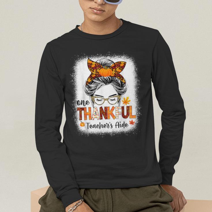 One Thankful Teacher's Aide Messy Bun Thanksgiving Fall Men's Long Sleeve T-Shirt, funny gift